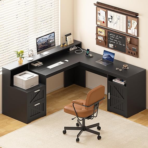 63" L-Shaped Executive Desk with Drawers and Storage Shelf