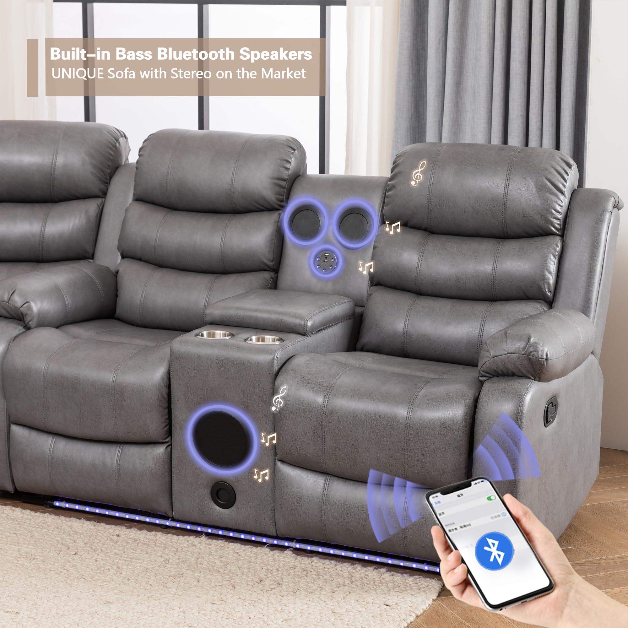 Faux Leather Reclining Sectional Sofa with LED Light and USB Chargers