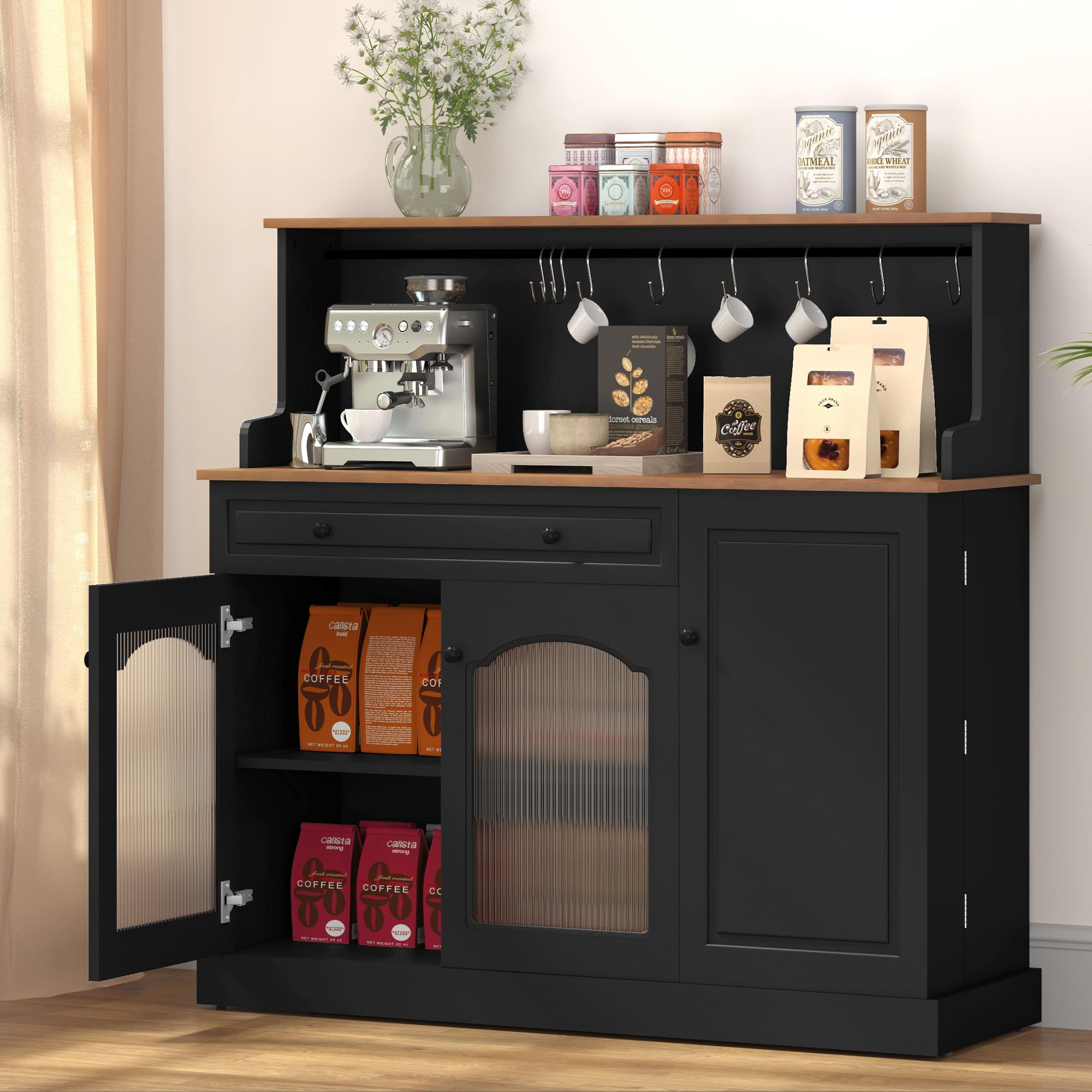 Coffee Bar Cabinet with Storage and Glass Doors