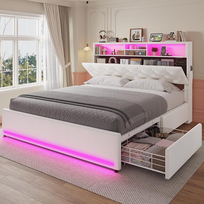 Full Size Bed Frame with LED & Storage