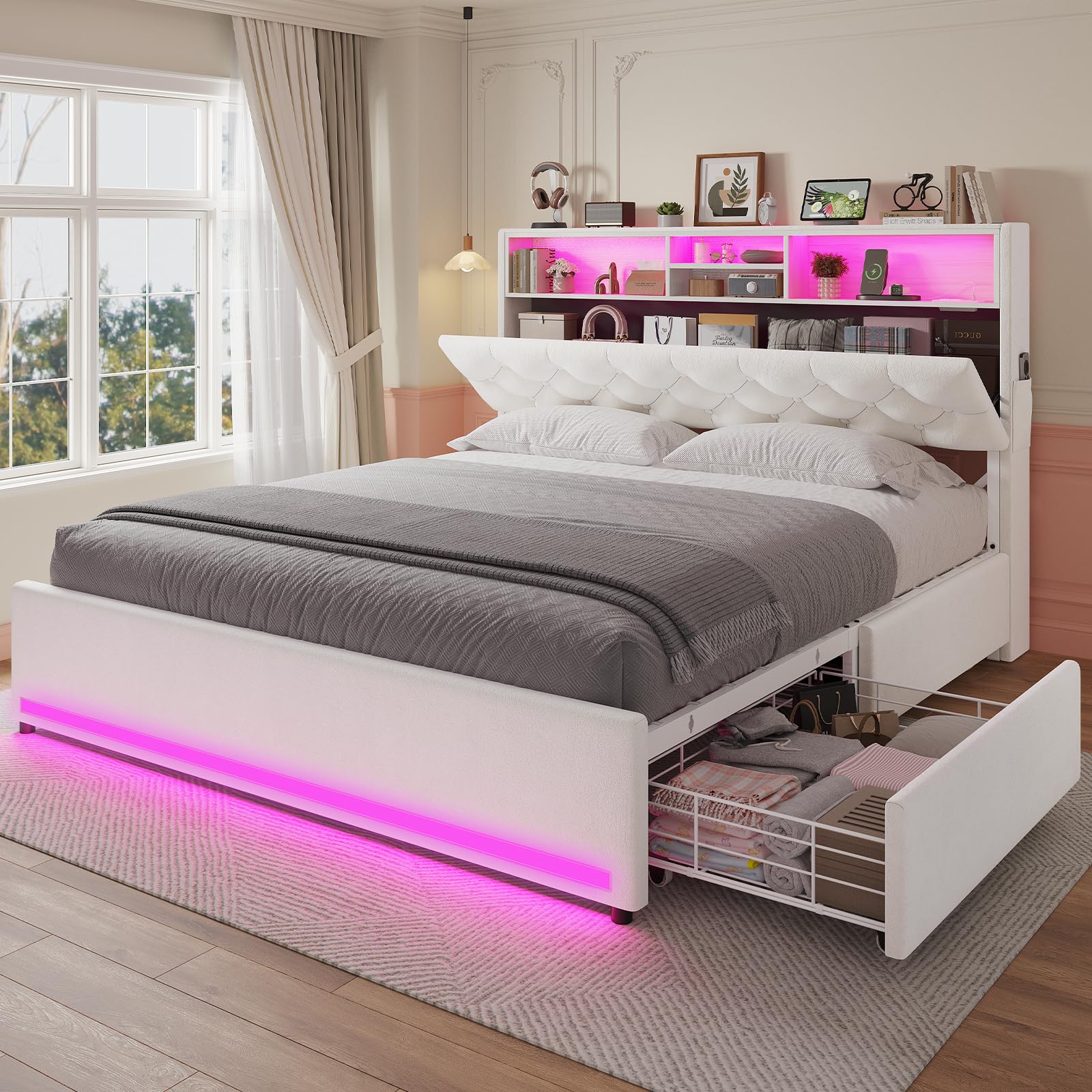 Full Size Bed Frame with LED & Storage