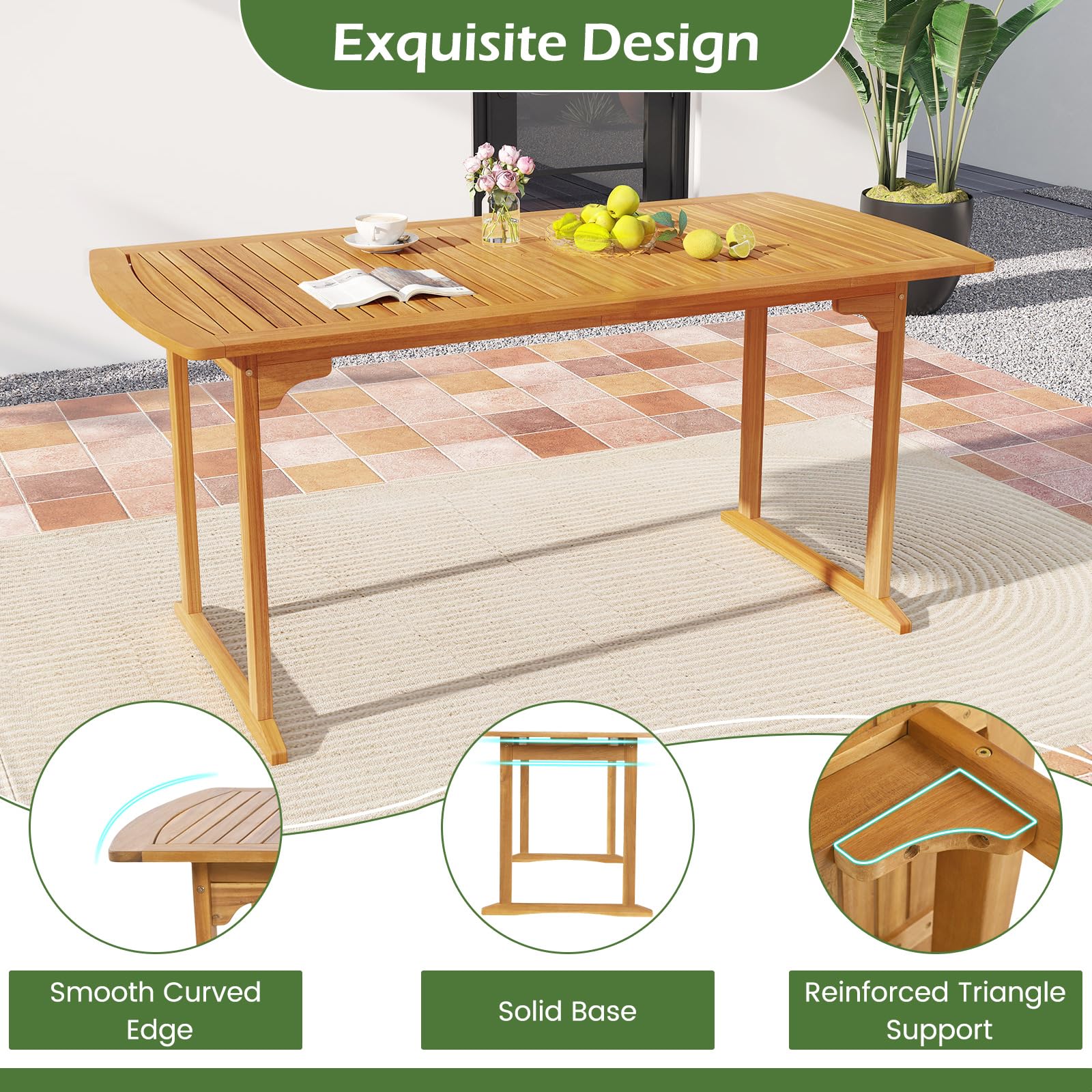 Tangkula 7 Piece Patio Acacia Wood Dining Set for 6, Patio Rectangle Table with Umbrella Hole & 6 Cushioned Armchairs, for Backyard Garden Poolside Deck, Natural