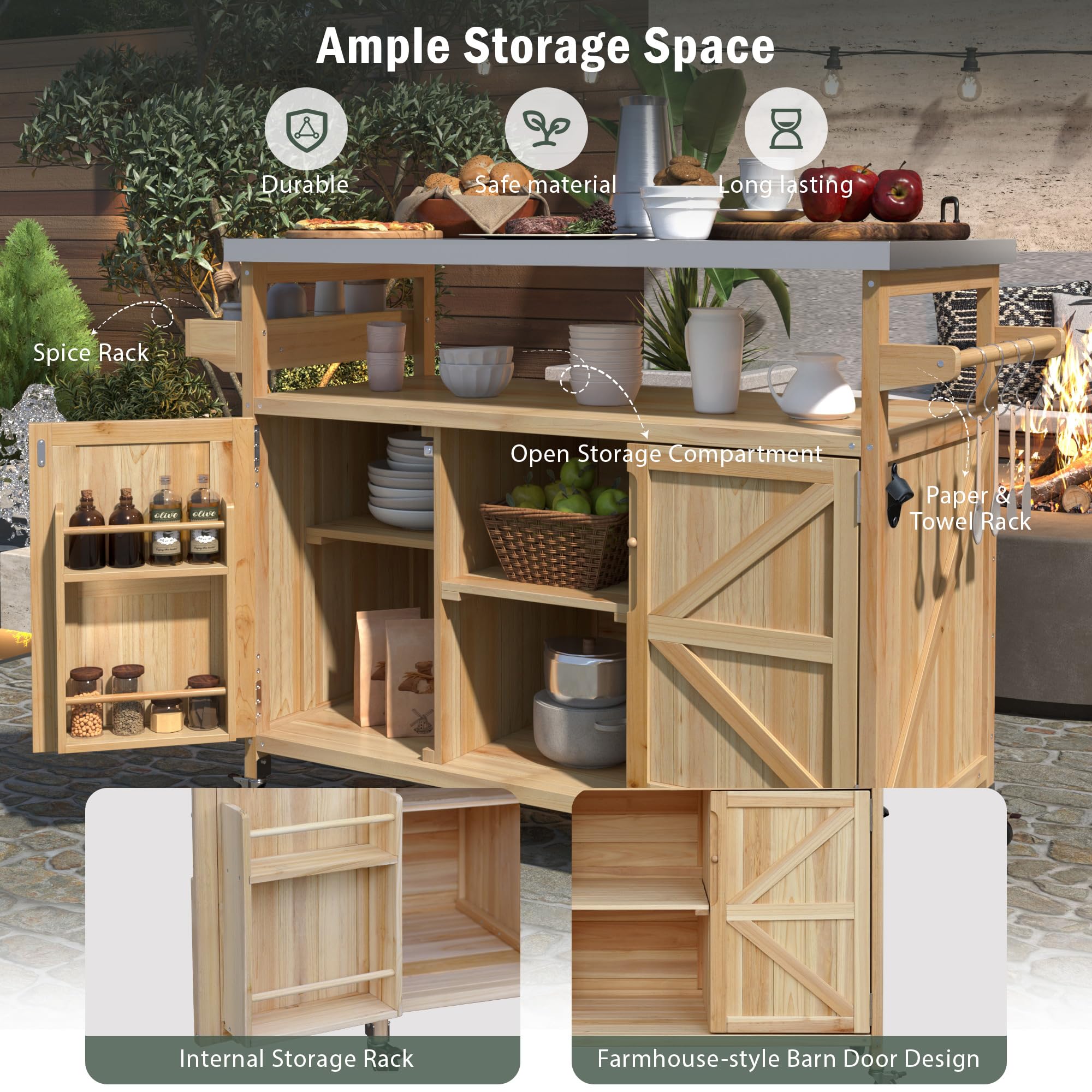 Outdoor Kitchen Island on Wheels with Stainless Steel Top & Storage Cabinet – Natural Fir Wood