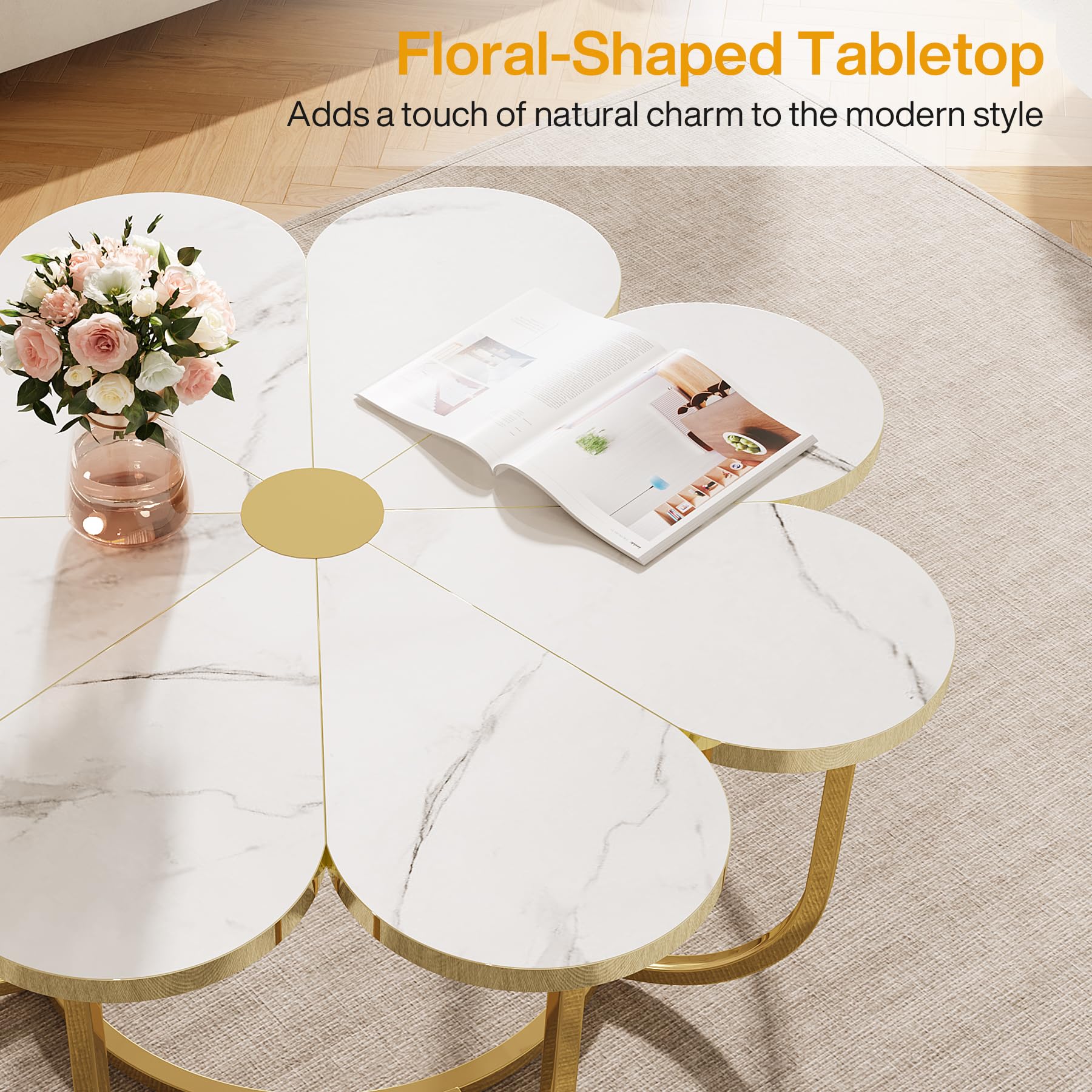 White and Gold Coffee Table with Flower-Shaped Marble Tabletop