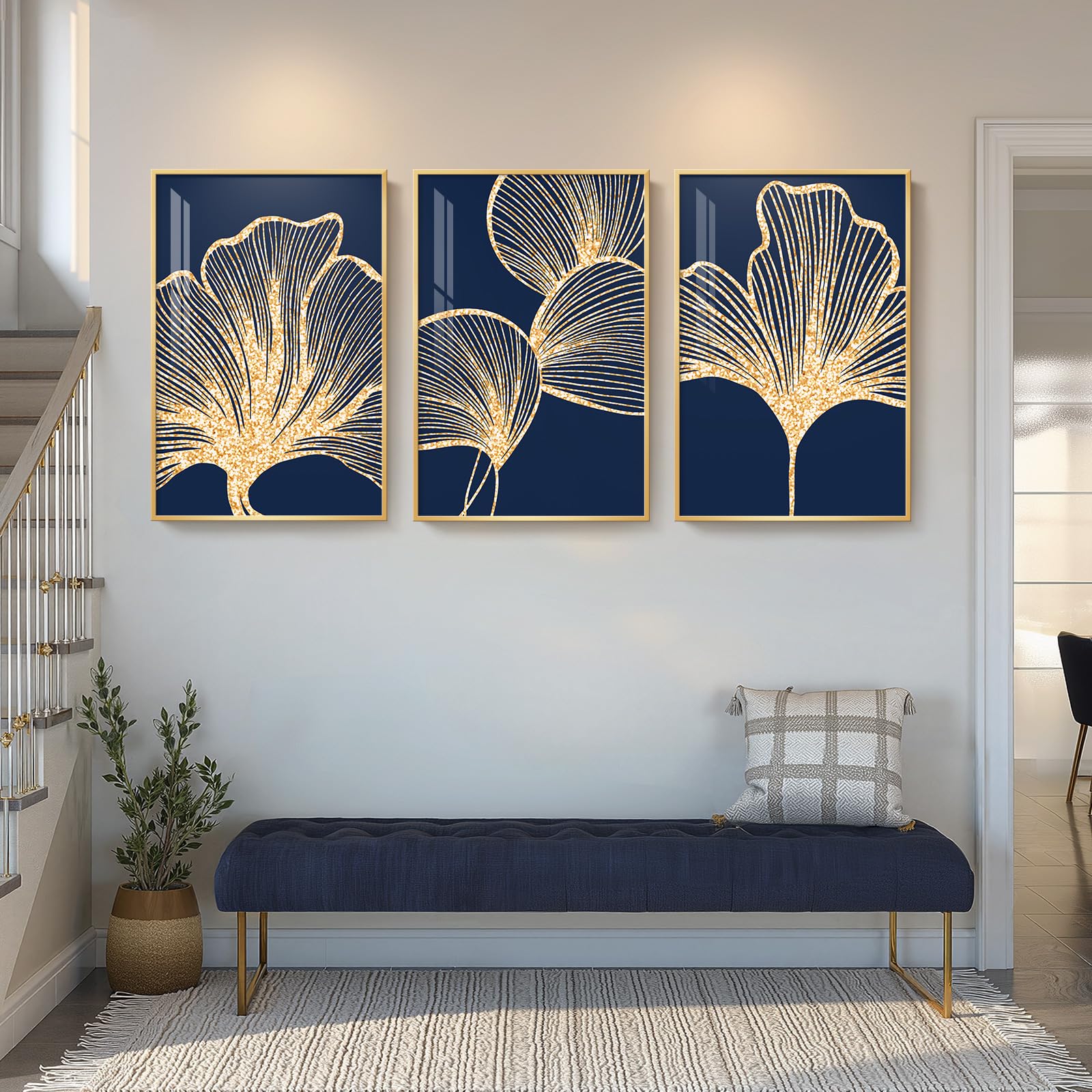 Navy Blue Gold Ginkgo Leaf Wall Art Set 3 Piece 24x36