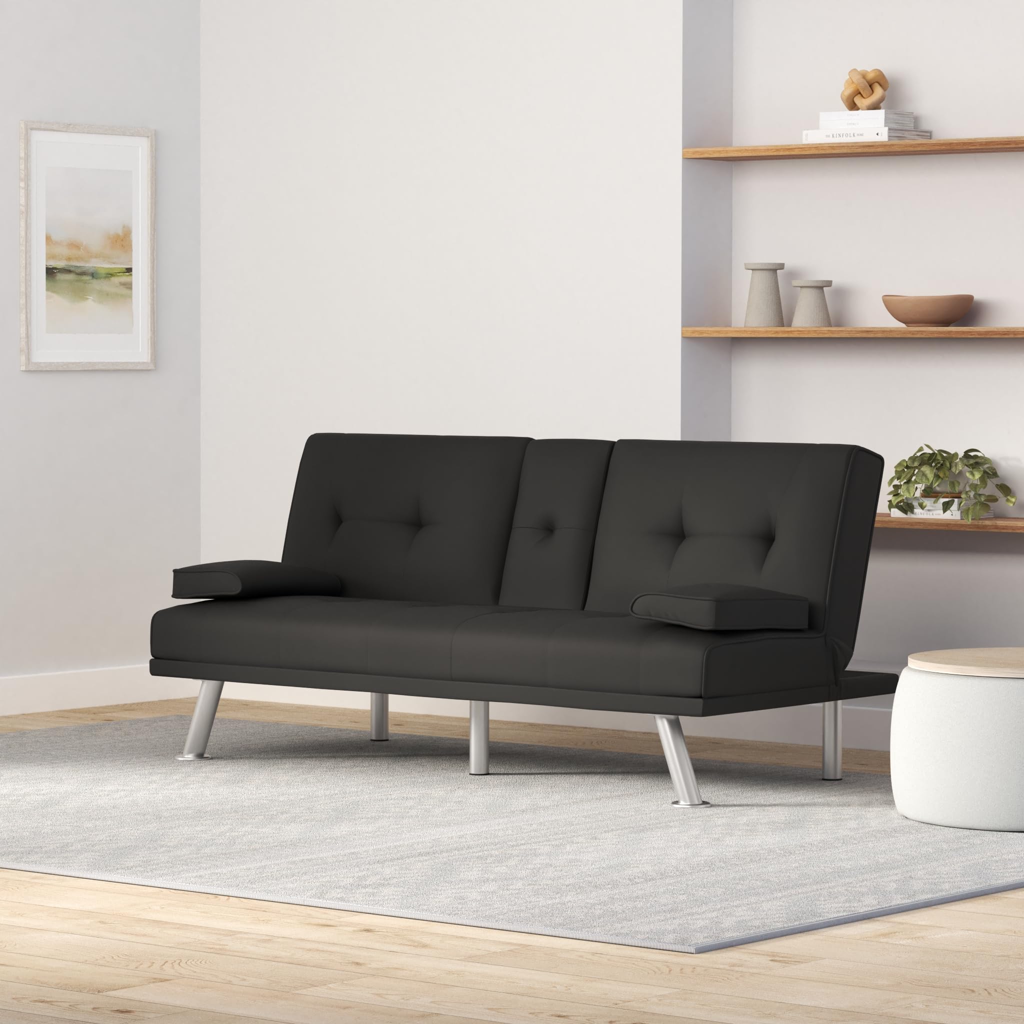 Convertible Futon Sofa Bed with Cup Holders