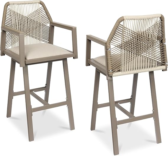 Outdoor Bar Stools Set of 2 - 360° Swivel Aluminum Frame with Armrests