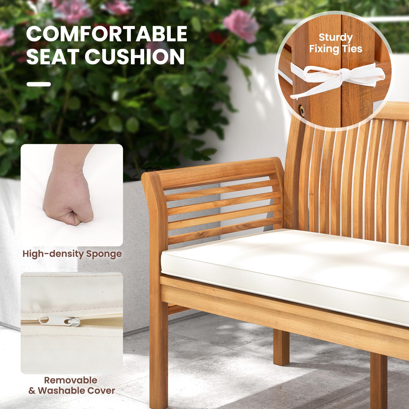 3-Person Acacia Wood Outdoor Bench with Cushion