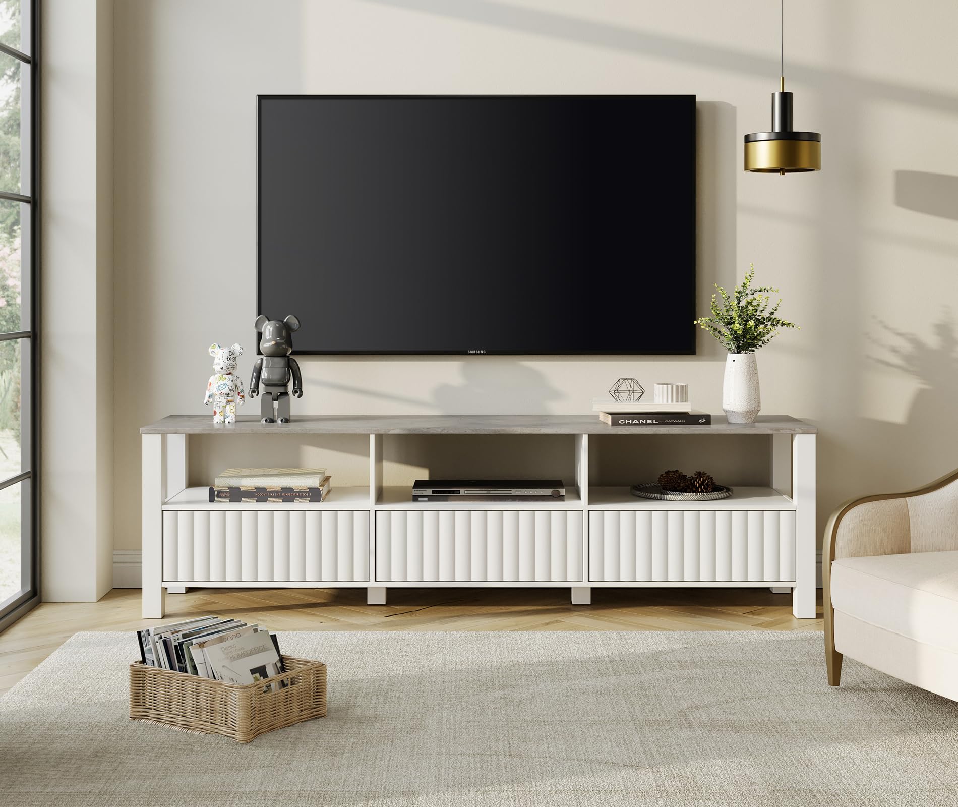 White TV Stand with Storage and LED Light - 70 Inch