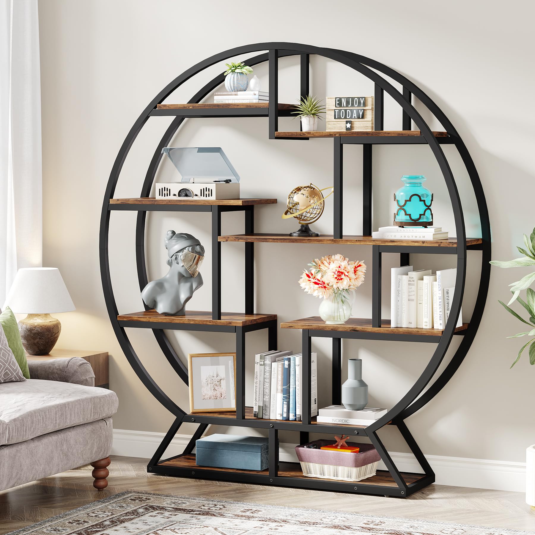 63 Inch Round Industrial Bookshelf with Staggered Shelves