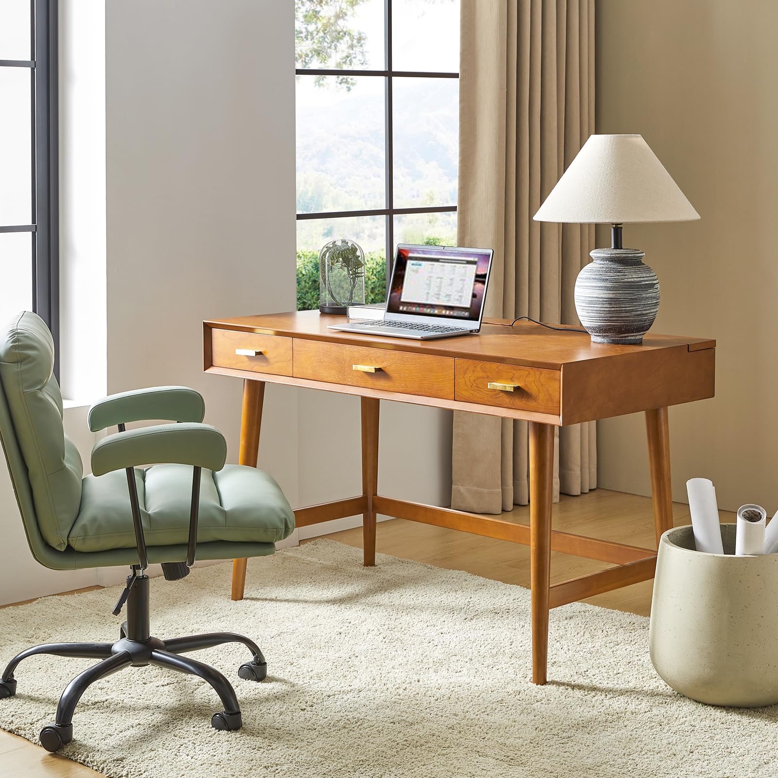 Mid-Century Modern Writing Desk with 3 Drawers and USB Charging