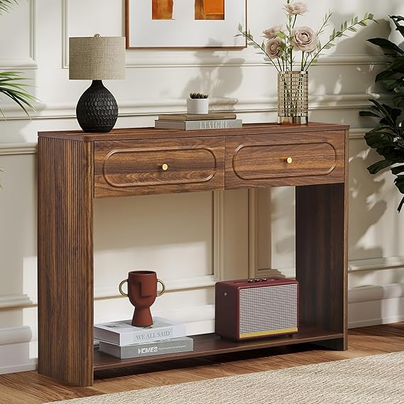 Fluted Console Table with Drawers and Storage Shelves