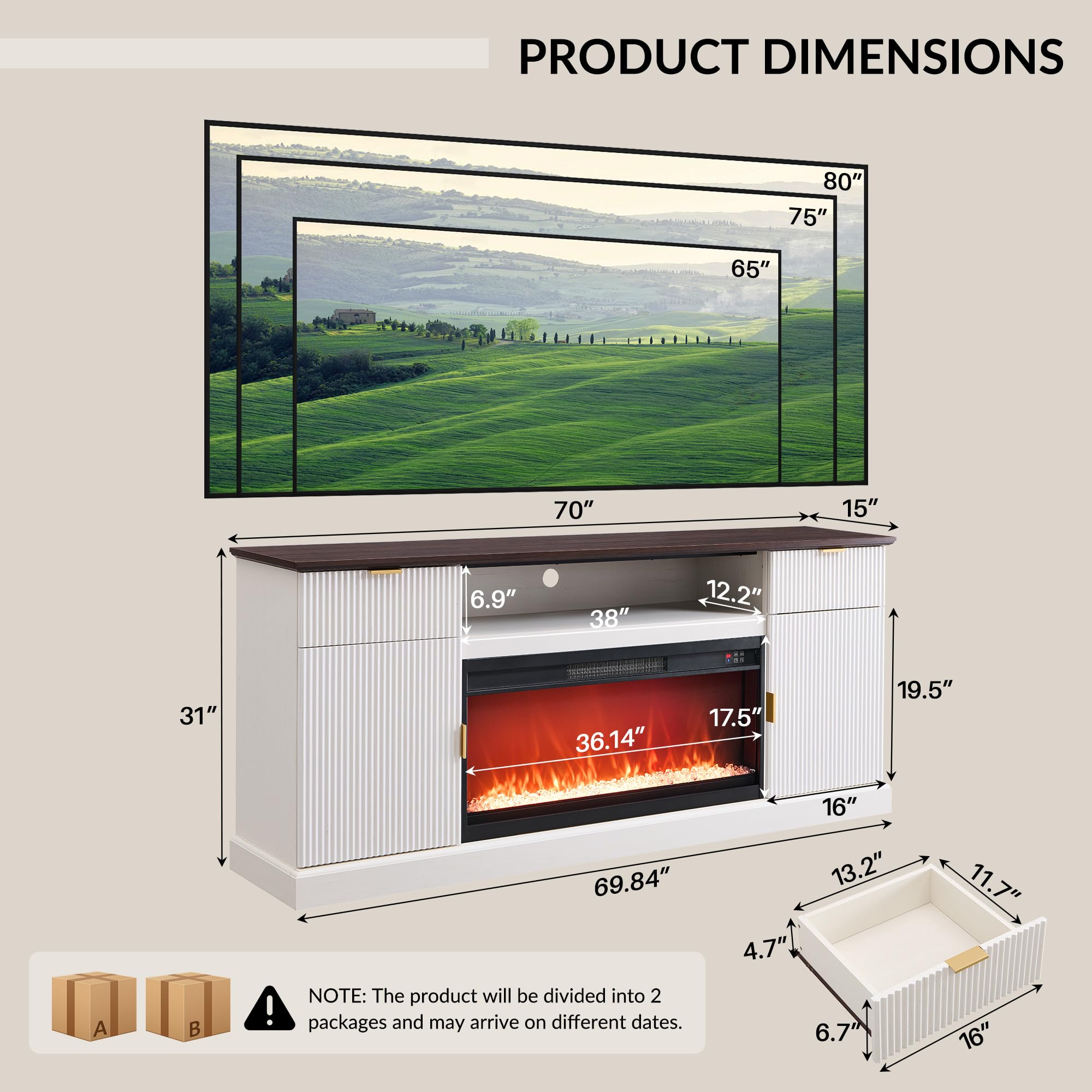 70" Fluted Fireplace TV Stand with Electric Fireplace