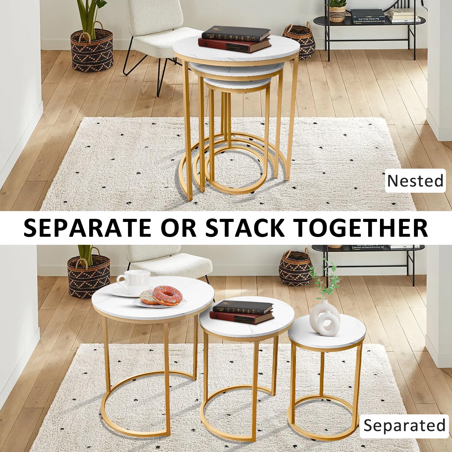 Nesting Tables Set of 3 Round Coffee Side Tables Gold