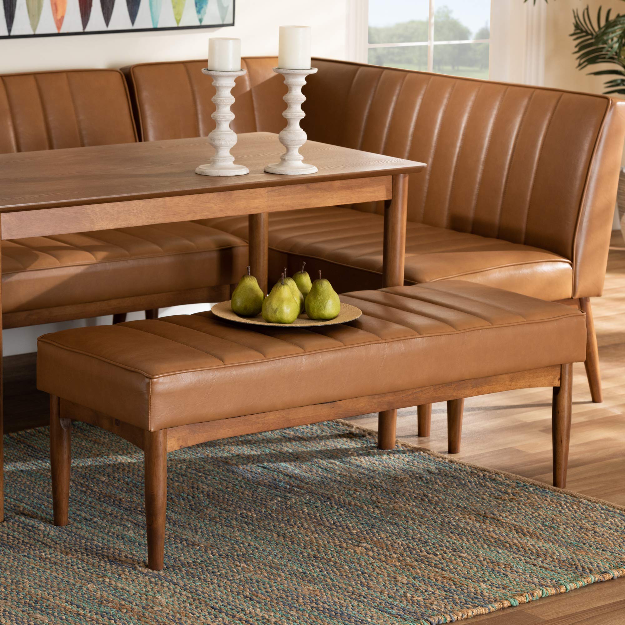 Mid-Century Modern Tan Faux Leather Dining Bench