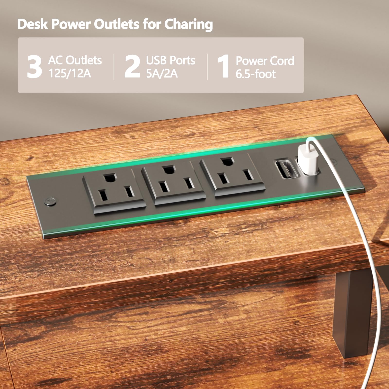Gaming Desk with LED Lights & Power Outlets