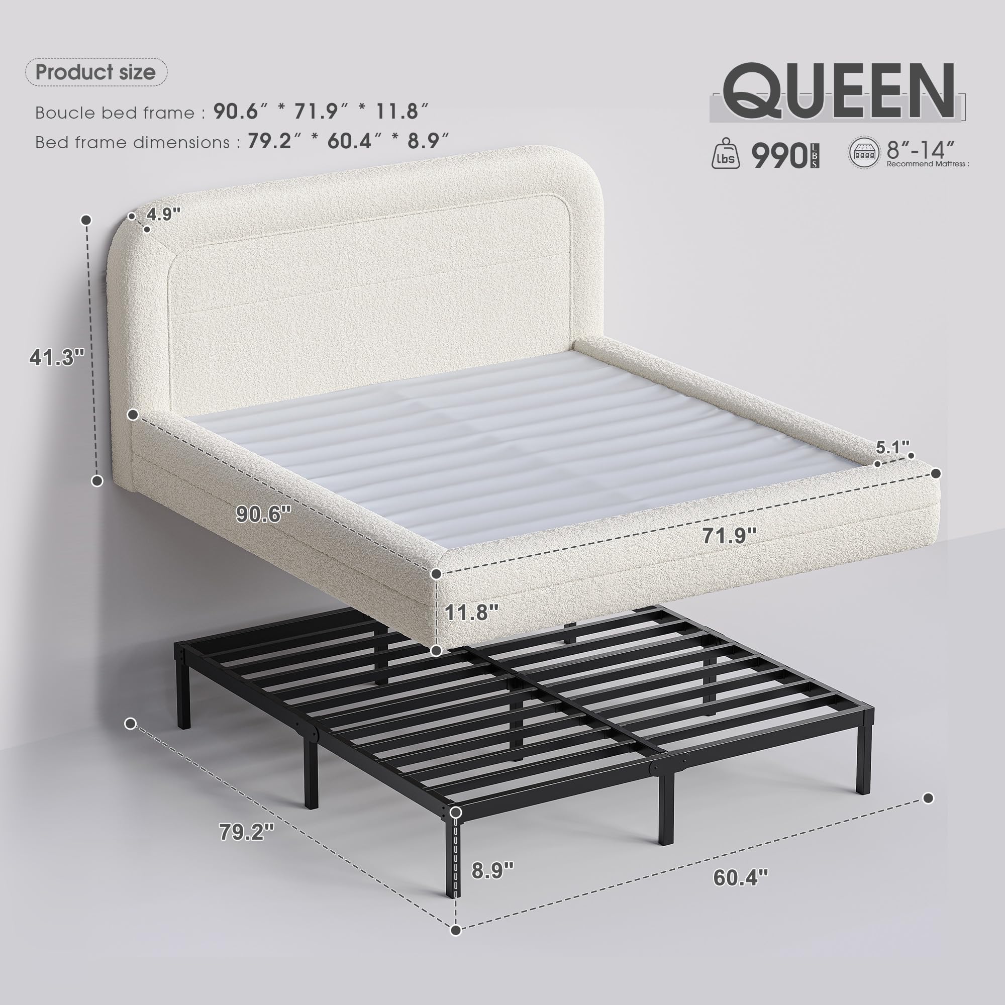 Queen Upholstered Platform Bed Frame with Curved Headboard