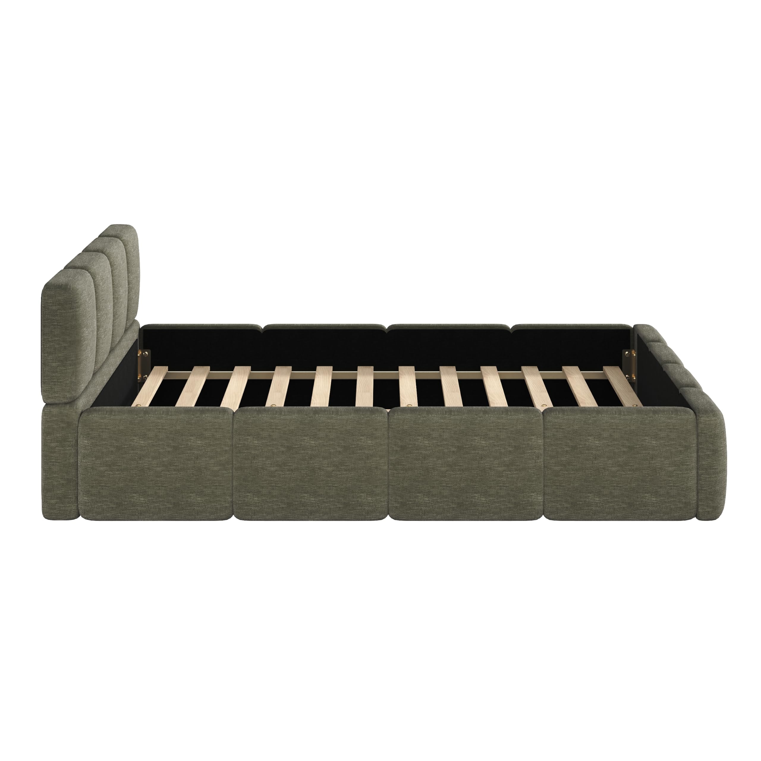 Linen Upholstered King Bed Frame with Headboard - Olive Green