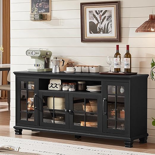 Vintage Walnut Sideboard Buffet Cabinet with Glass Doors