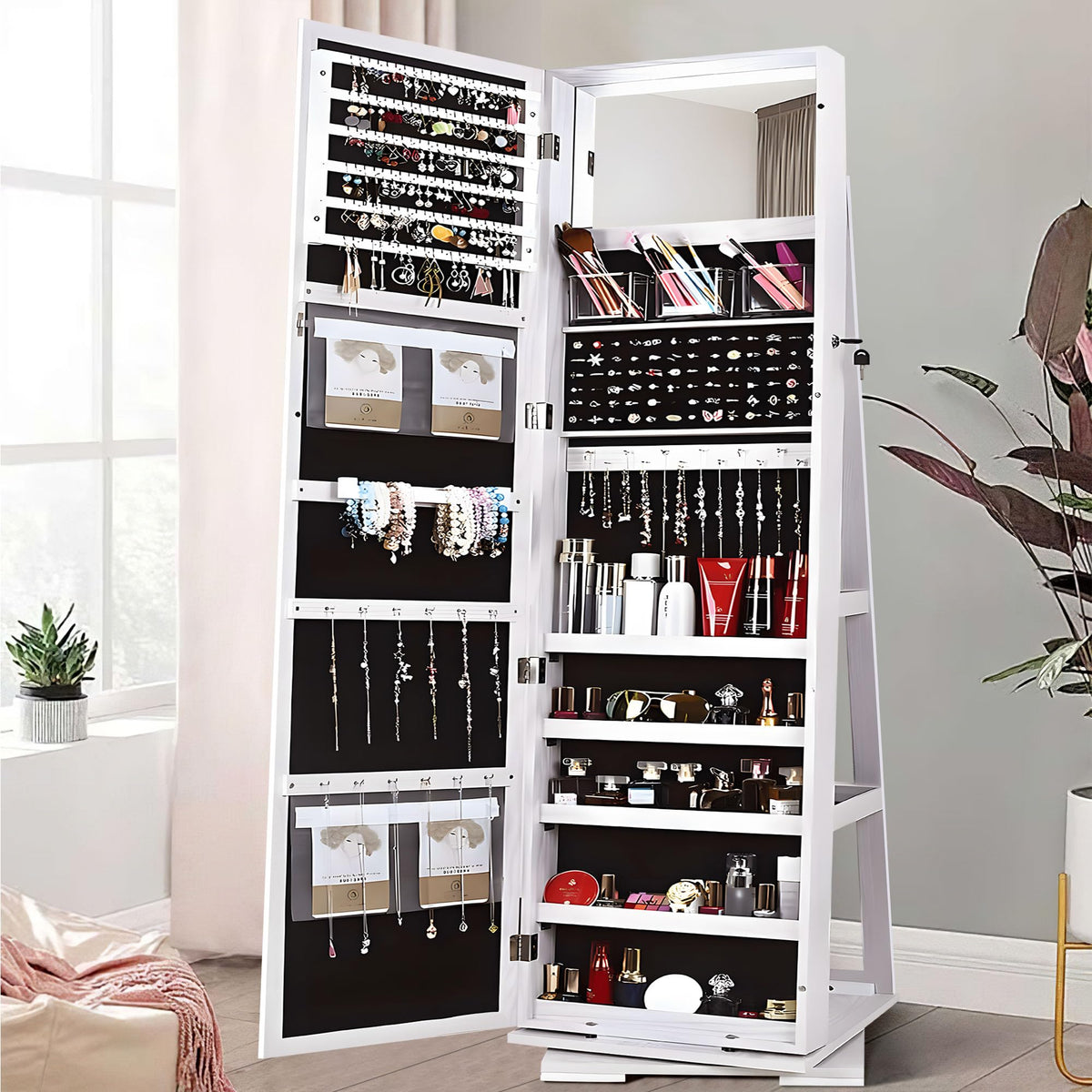 360° Swivel Jewelry Mirror Cabinet Full Length Standing Organizer Armoire
