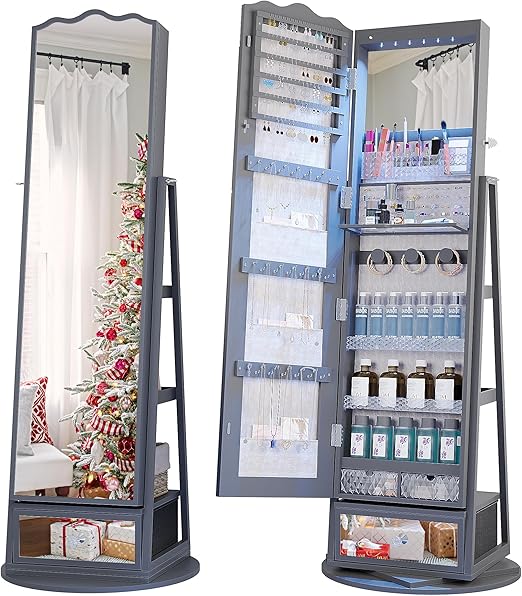 360° Swivel Jewelry Cabinet with LED Lights and Full Length Mirror