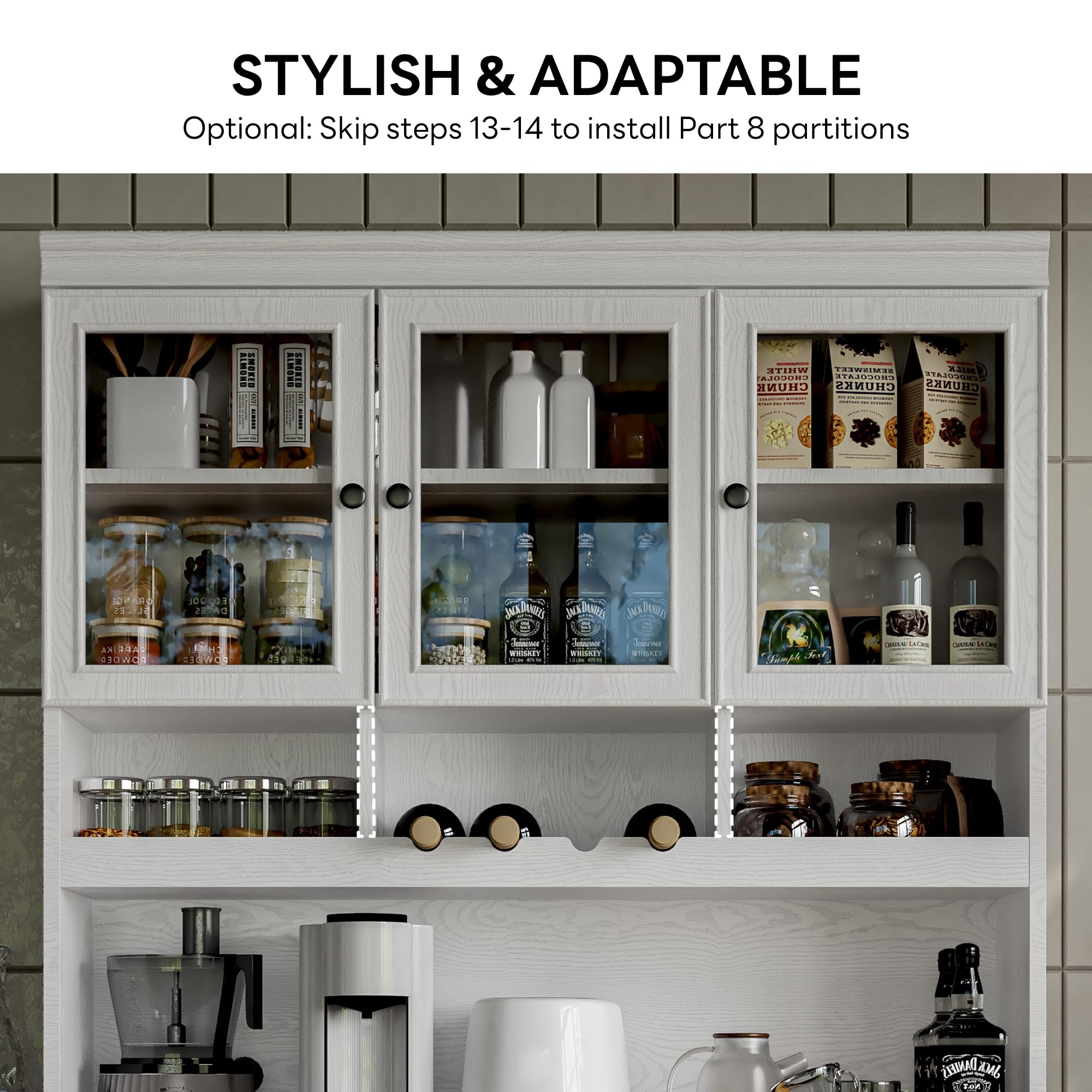White China Cabinet with Glass Doors and Wine Rack