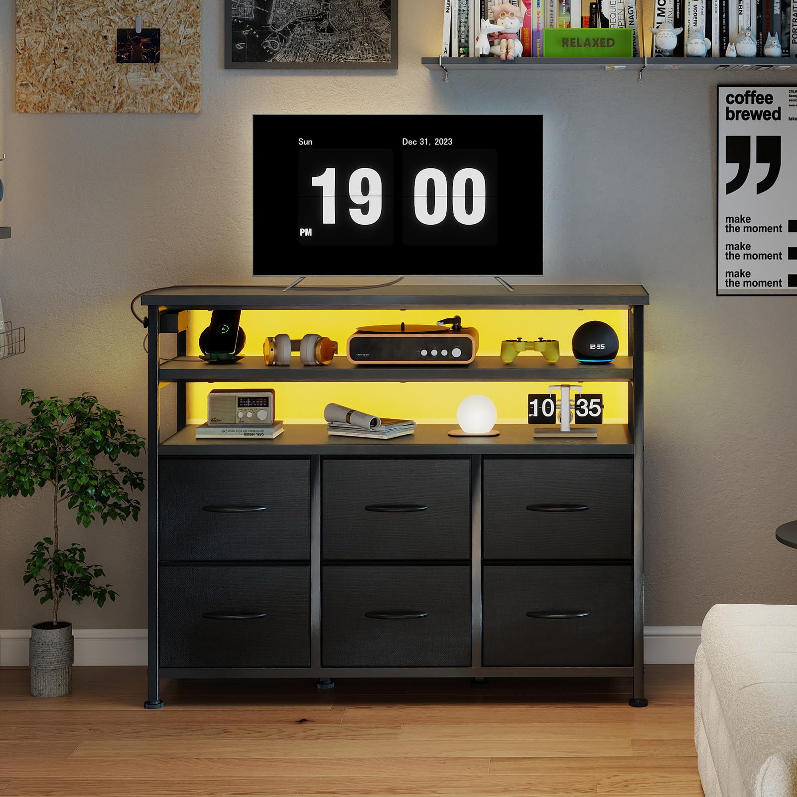 TV Stand with LED Lights and Charging Station