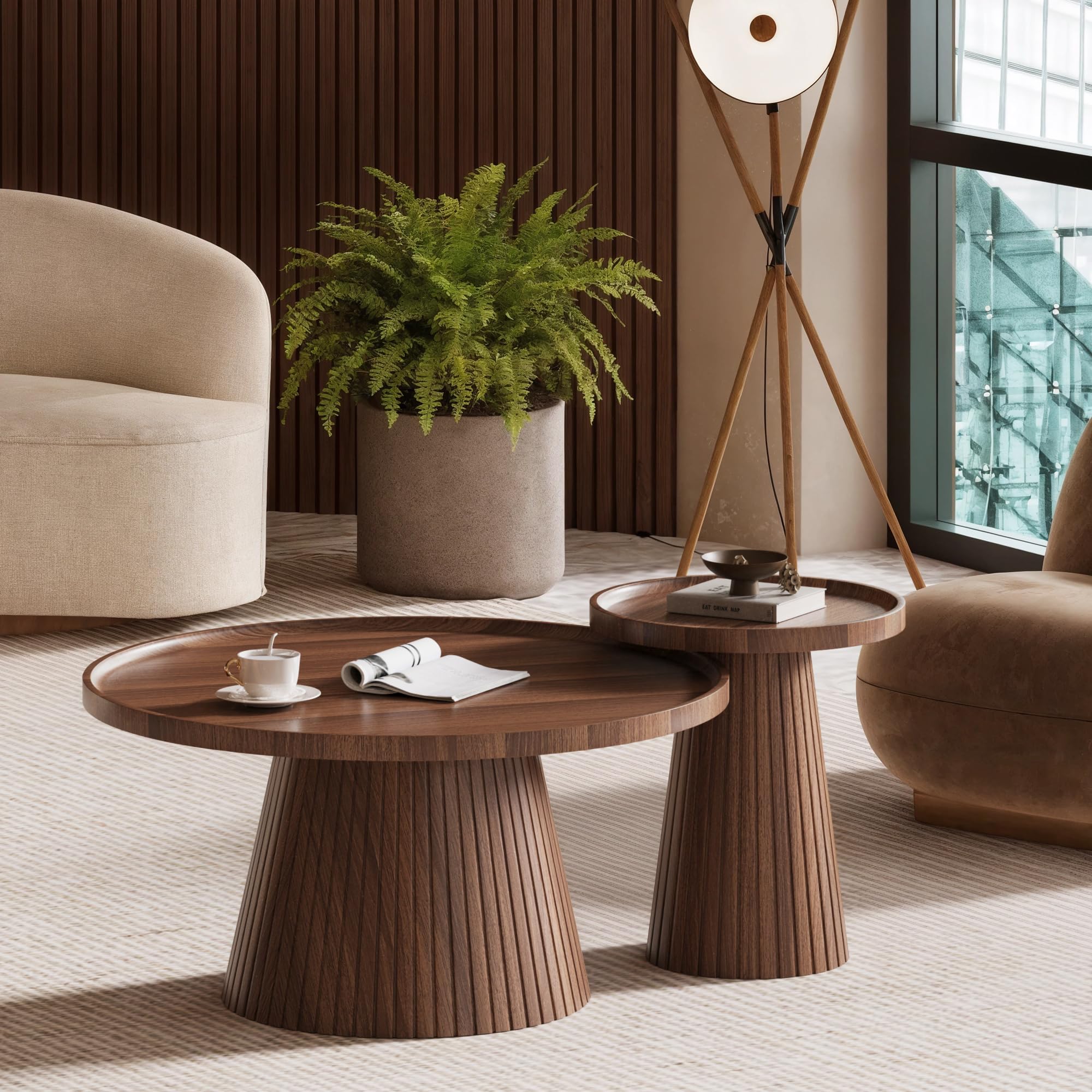 Nesting Coffee Table Set of 2 Mid Century Modern Round Tea Table