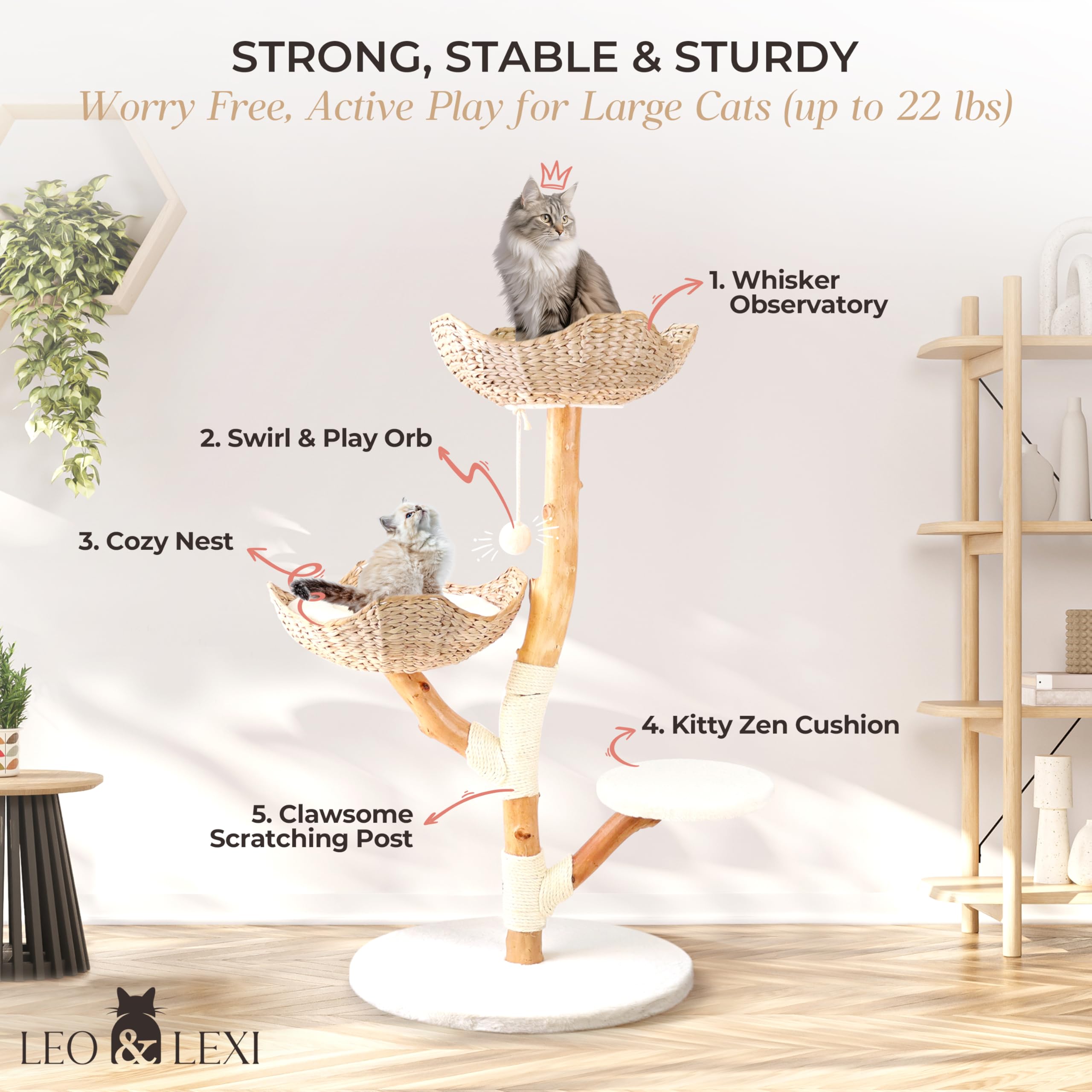 Modern Wood Cat Tree Tower with Scratching Post and Bed