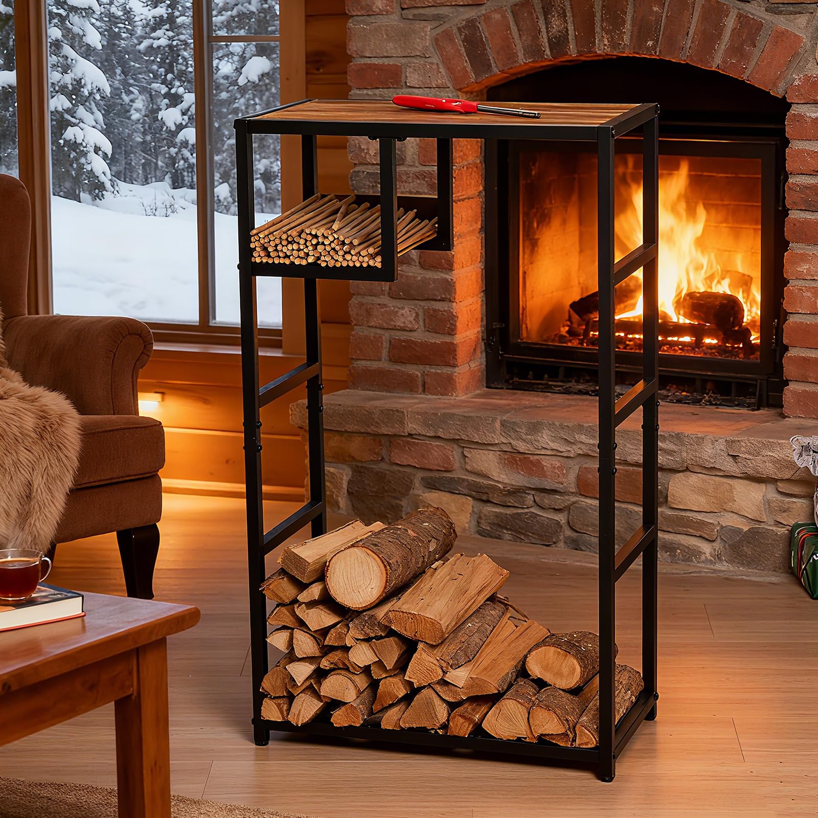 Indoor Firewood Rack with Storage Shelf