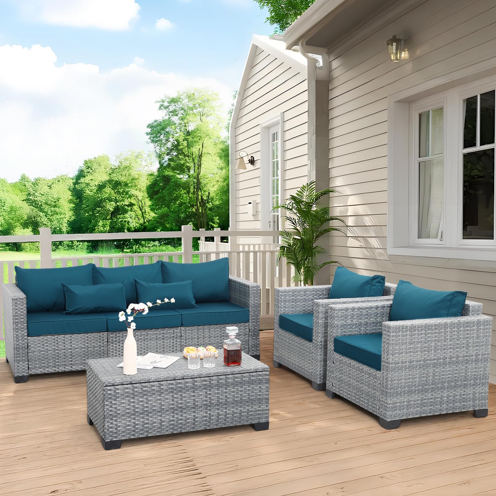 4 Piece Wicker Patio Conversation Set with Storage Table