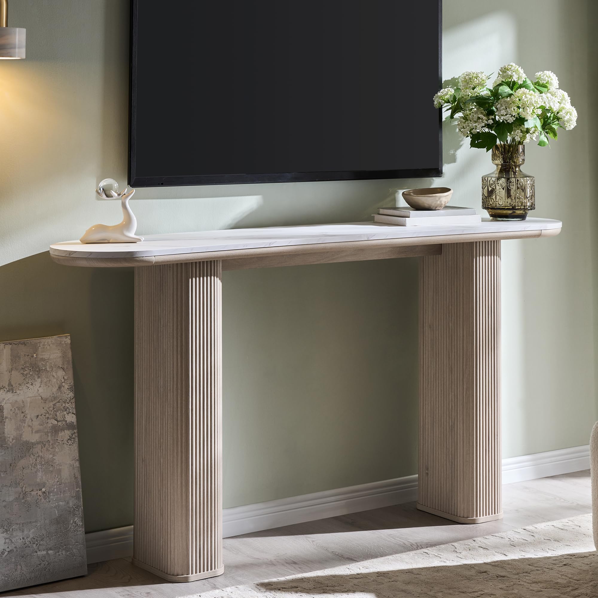 Modern Console Table with Arc Marble Texture Top and Fluted Wood Base