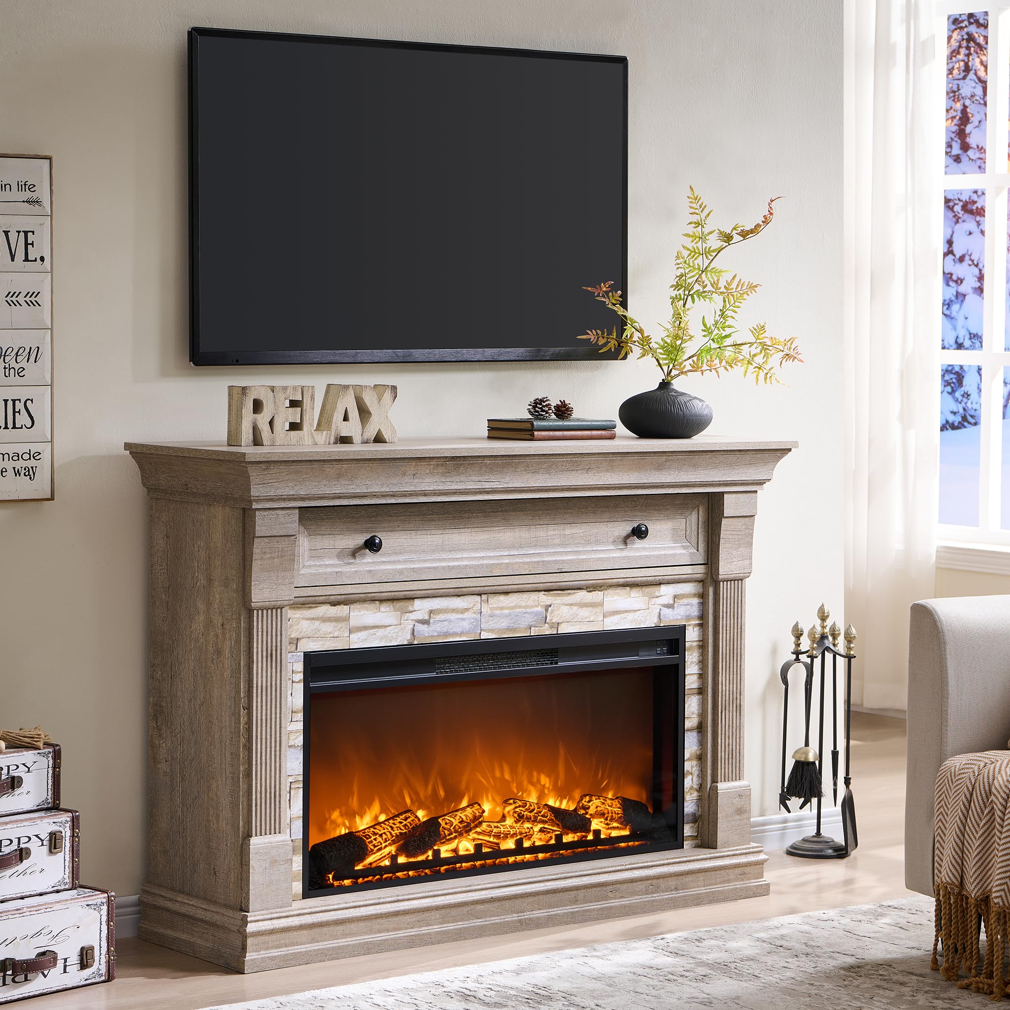52" Farmhouse Electric Fireplace TV Stand with Mantel