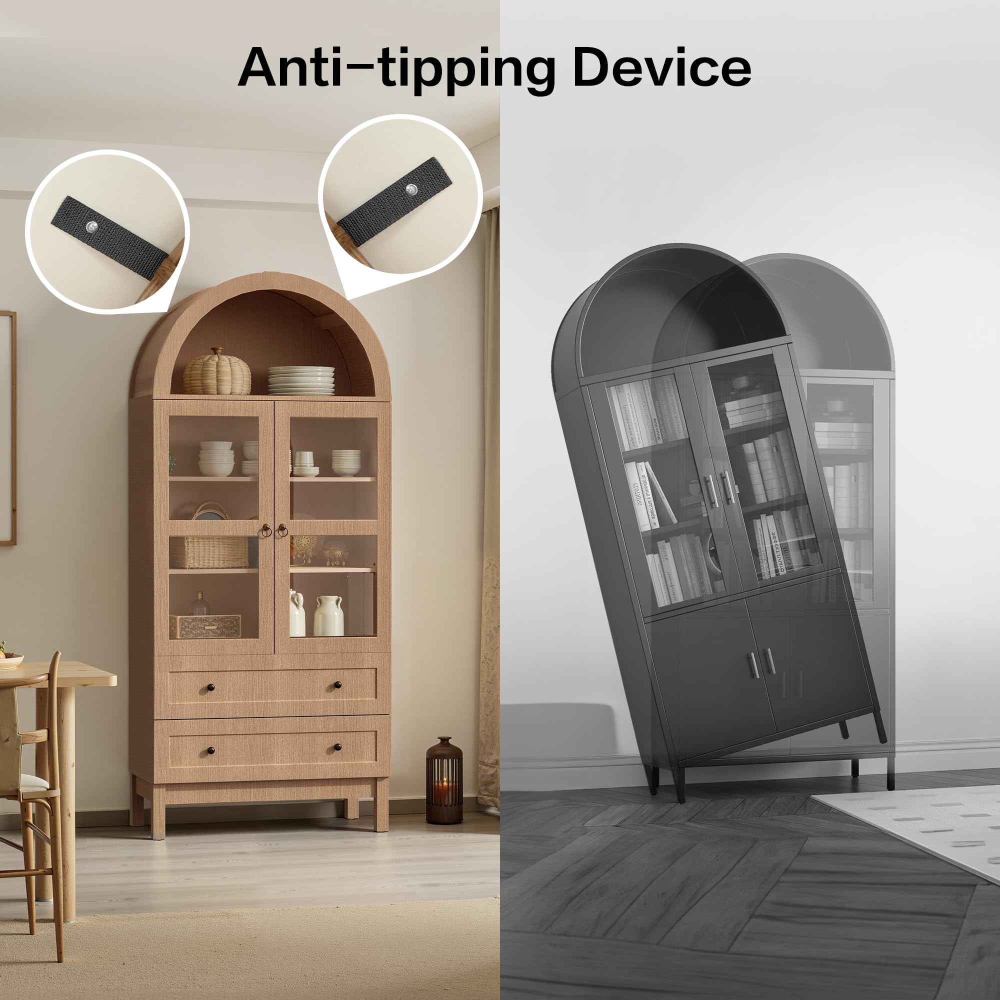 Arched Kitchen Pantry Cabinet with Glass Doors