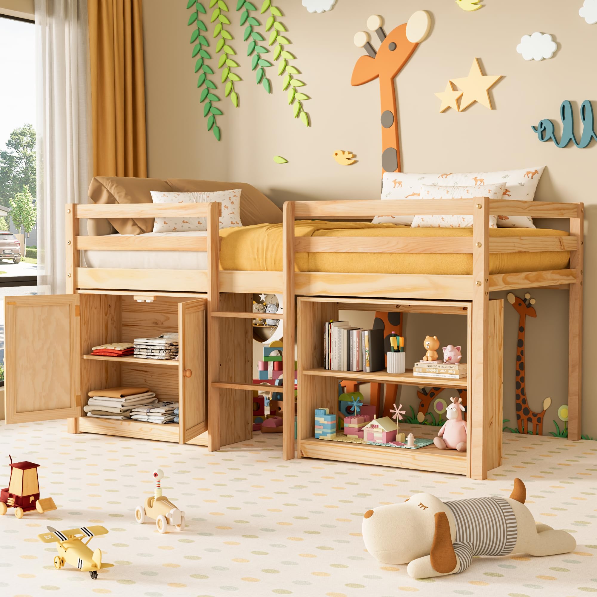 Twin Loft Bed with LED Lights and Storage