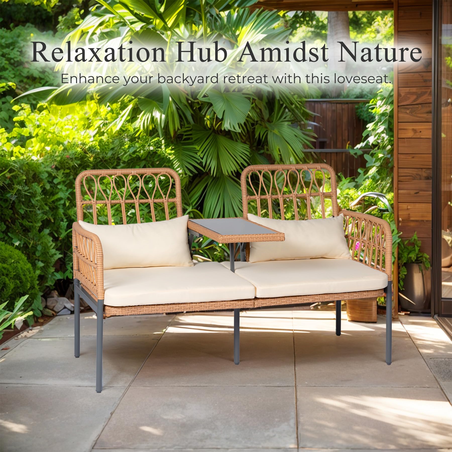 2 Seat Outdoor Rattan Loveseat with Built-In Table