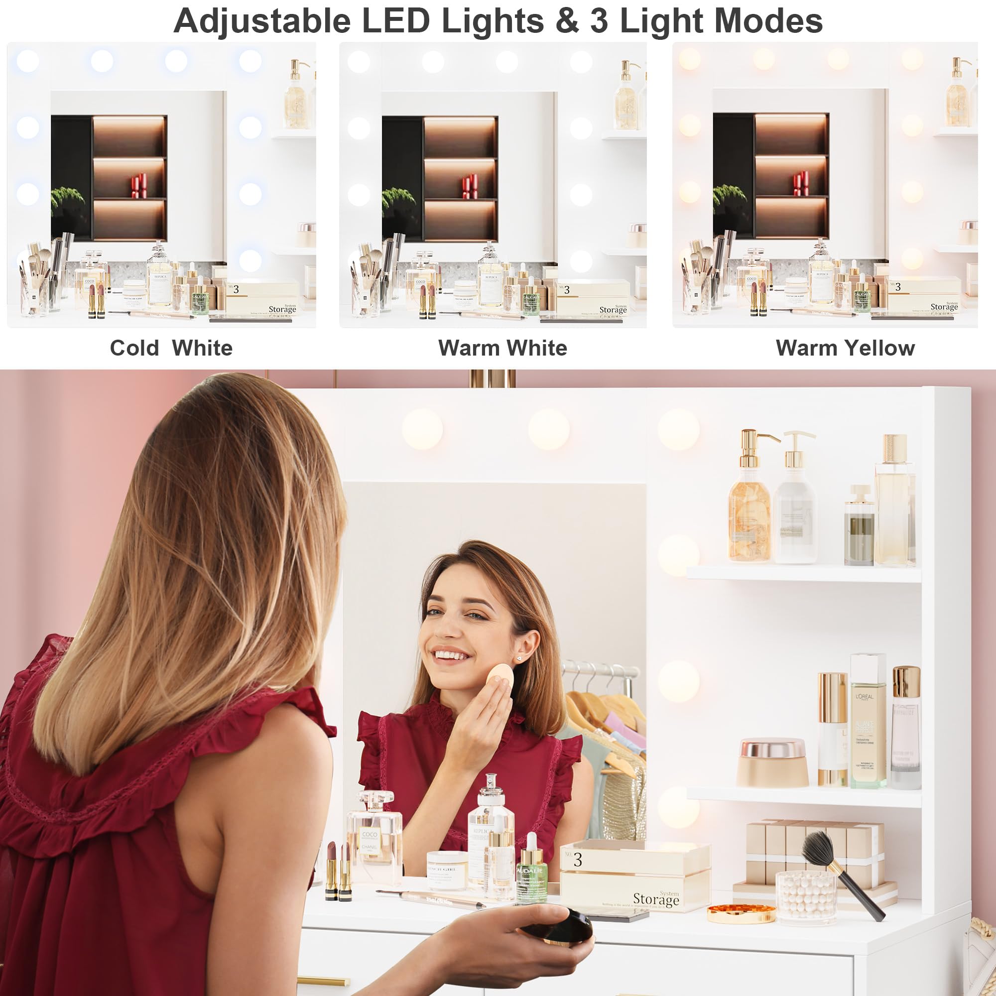 61 in Makeup Vanity Desk with Mirror and Lights