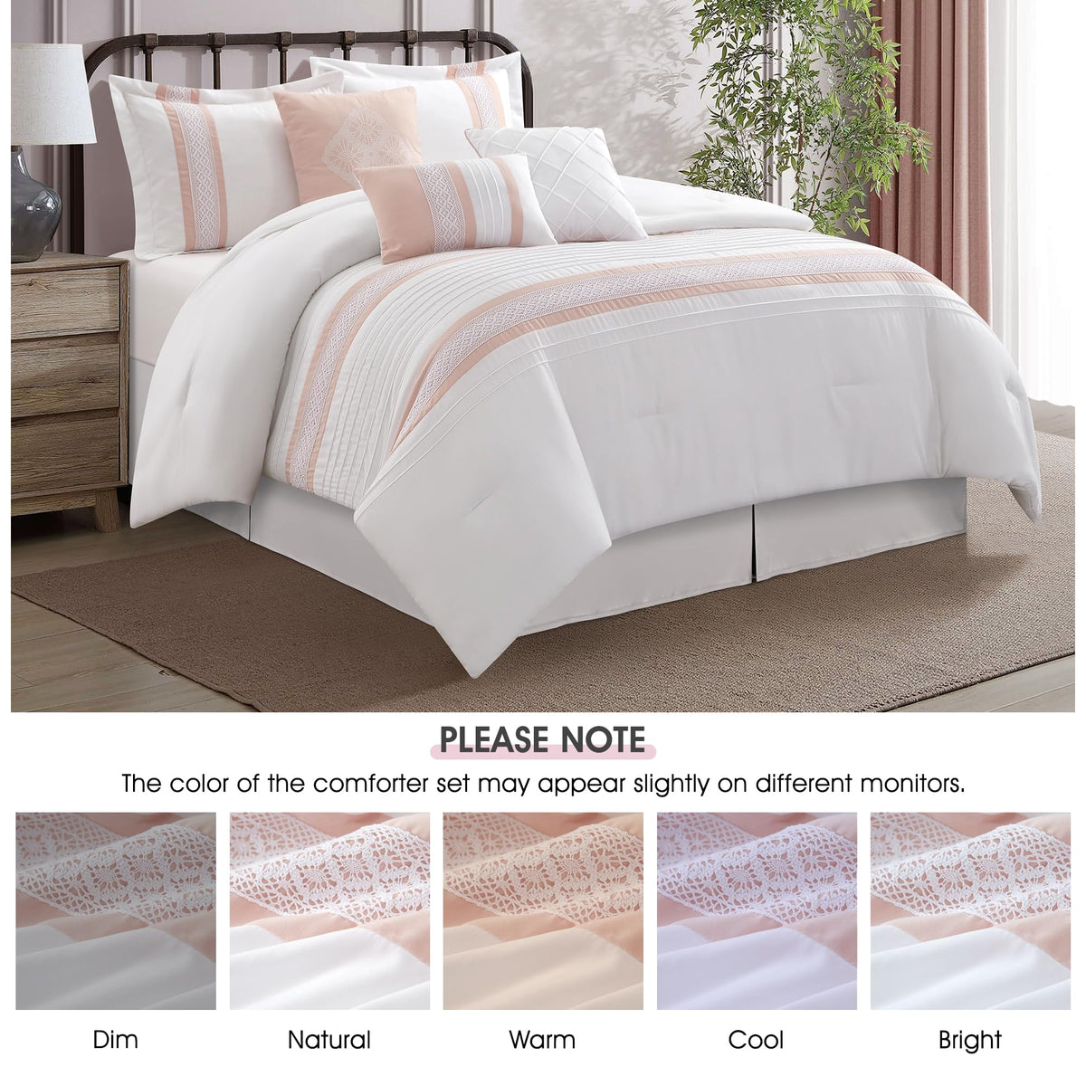 7 Piece Comforter Set - Pink White King Size Boho Geometric