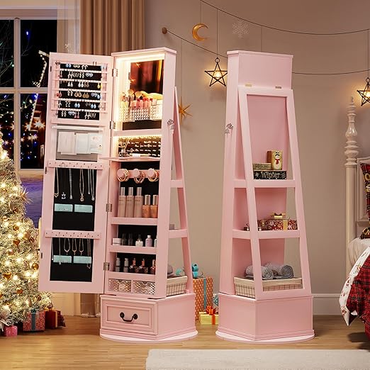 Swivel Jewelry Organizer with Full Length Mirror and Lights