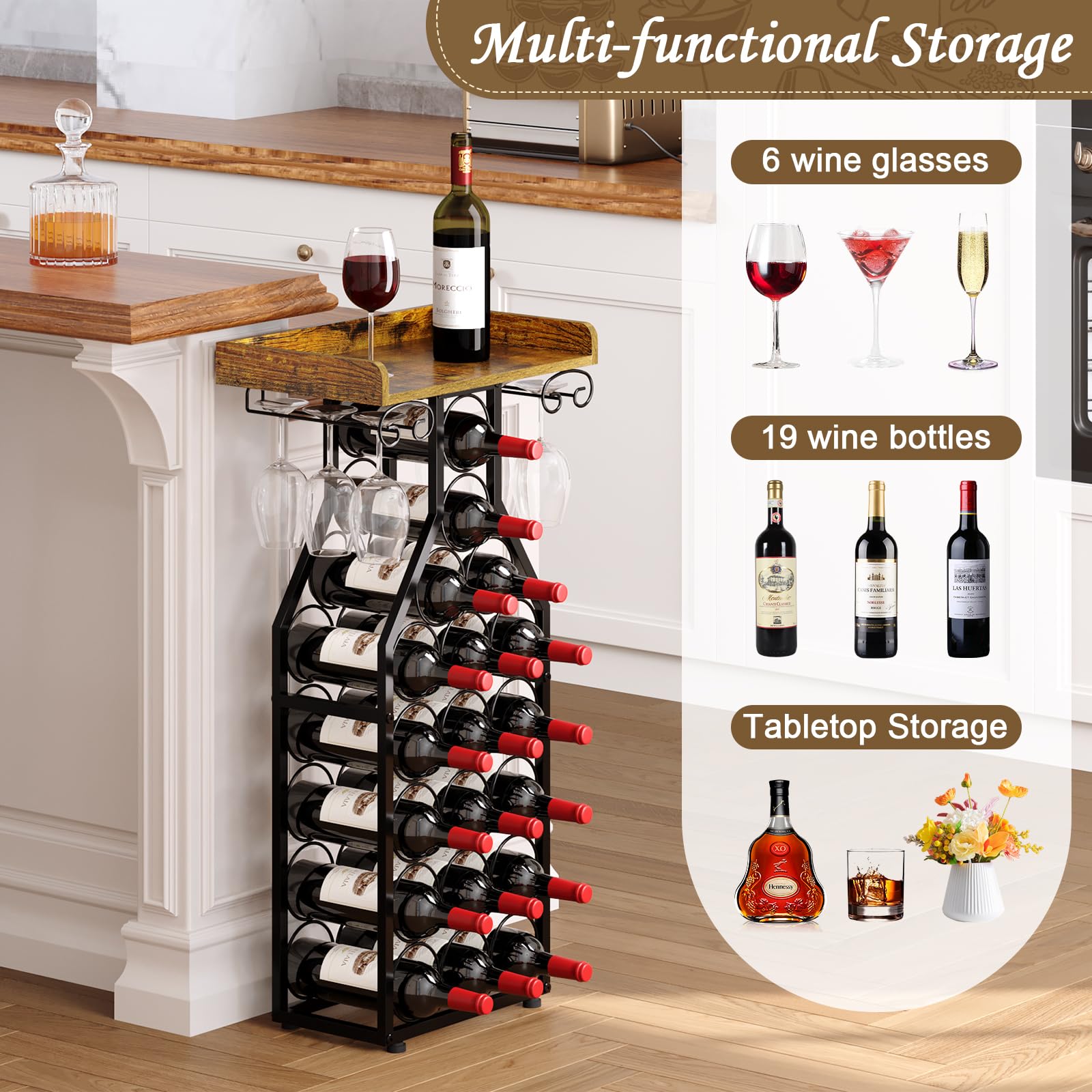 Wine Rack Freestanding Floor Storage with Glass Holder