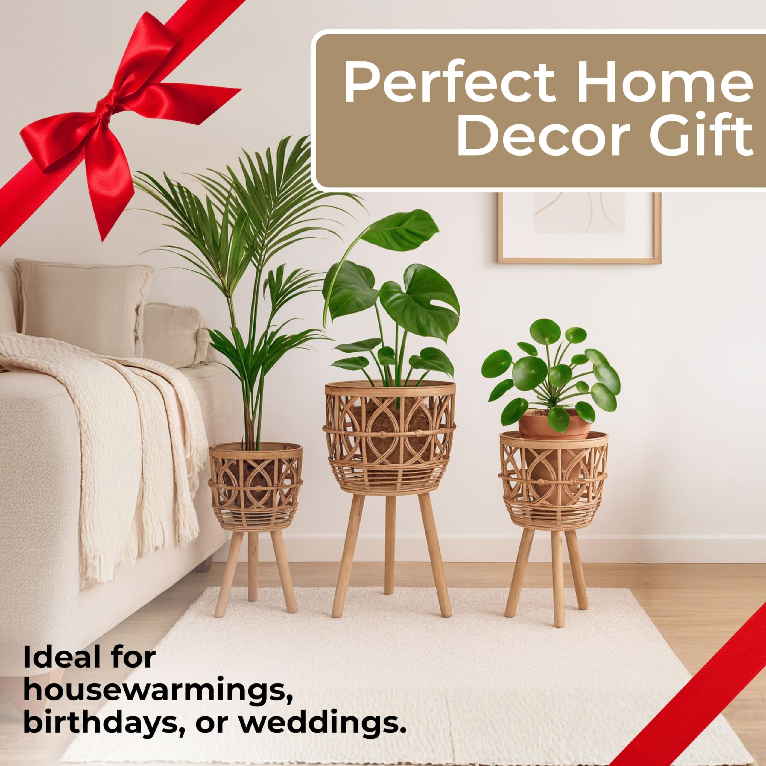 Set of 3 Wooden Planter Pots with Stand