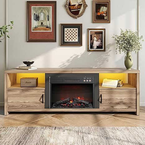 70" Electric Fireplace TV Stand with LED Lights and Storage