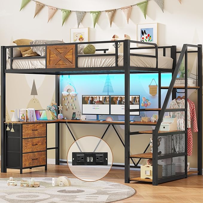 Full Size Loft Bed with Desk and Storage