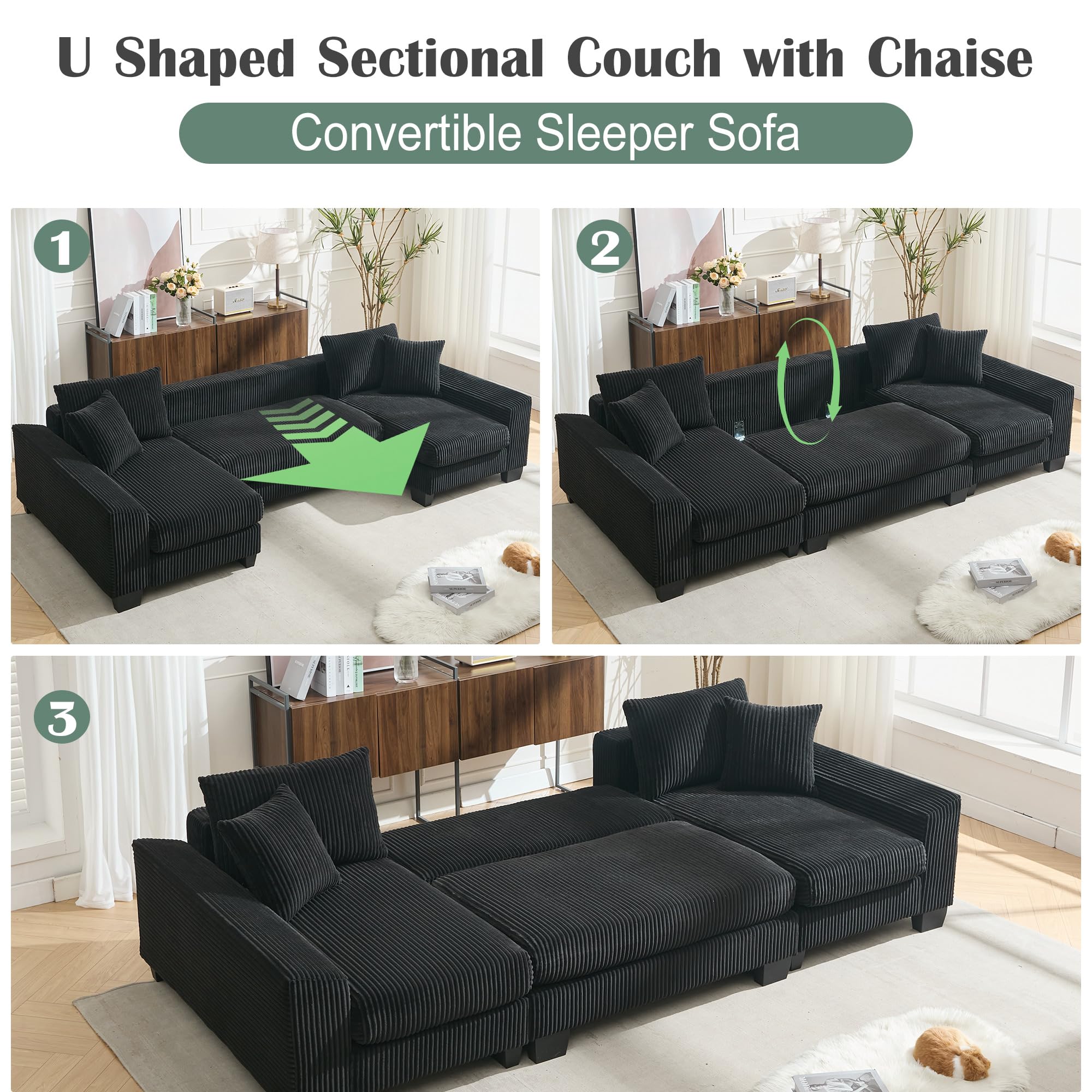 U-Shaped Modular Sectional Sofa with Pull-Out Bed