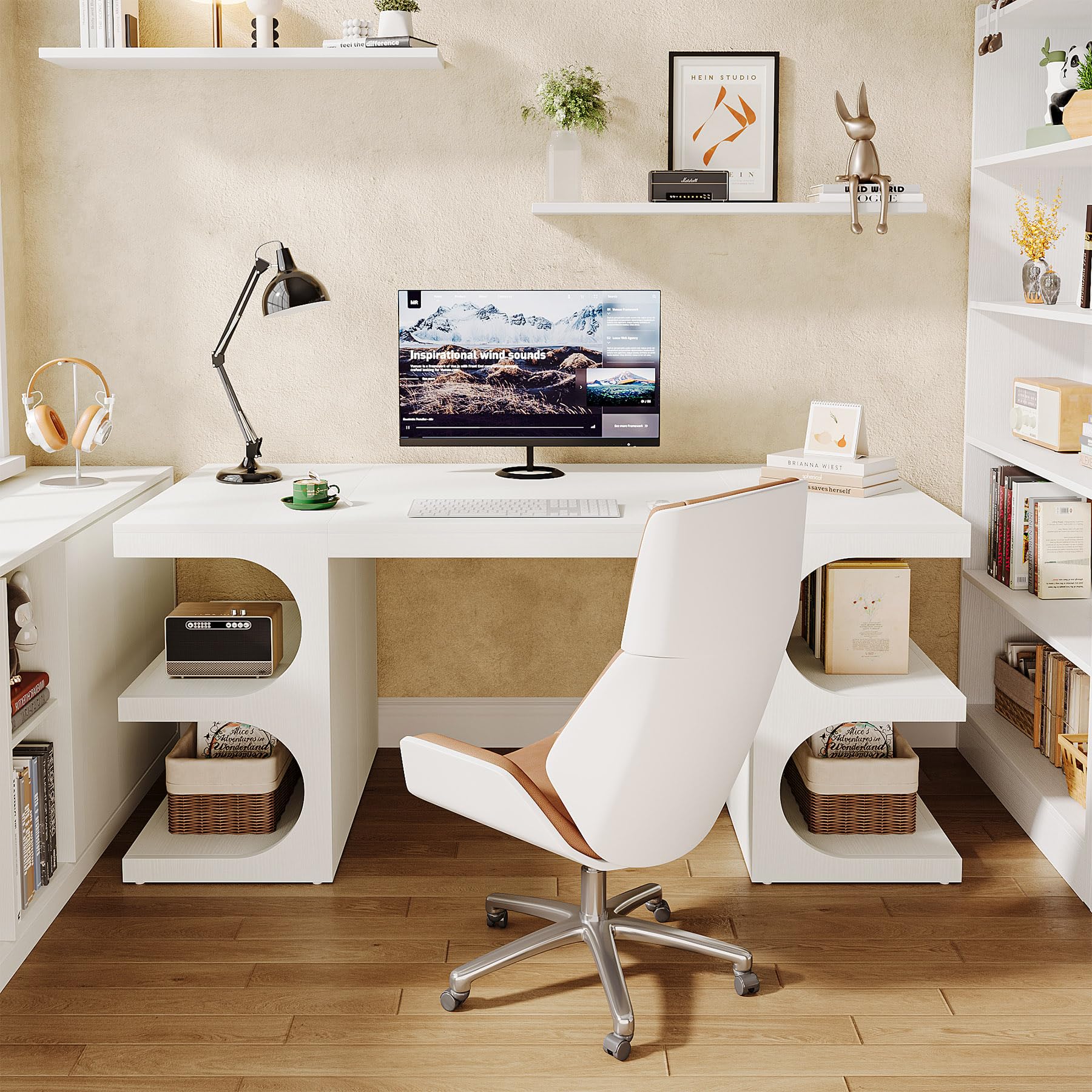 Modern Executive Office Desk 63-Inch with Storage Shelves