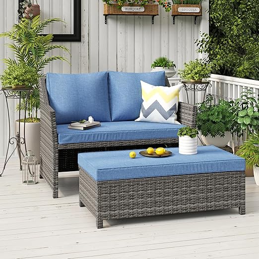 2-Piece Outdoor Wicker Loveseat and Coffee Table Set with Storage