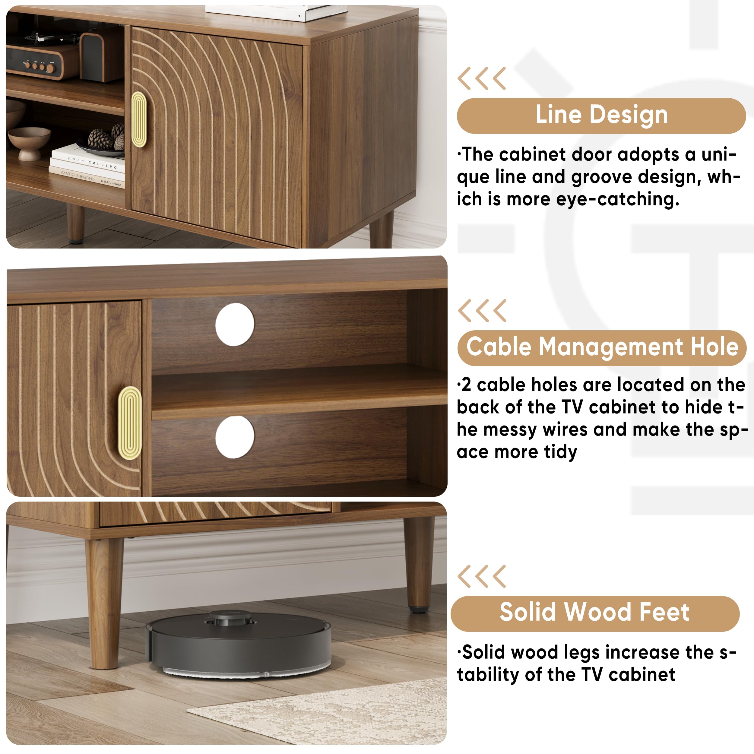 Walnut TV Stand with Line Groove Design - 47.2" Mid Century Modern Media Console