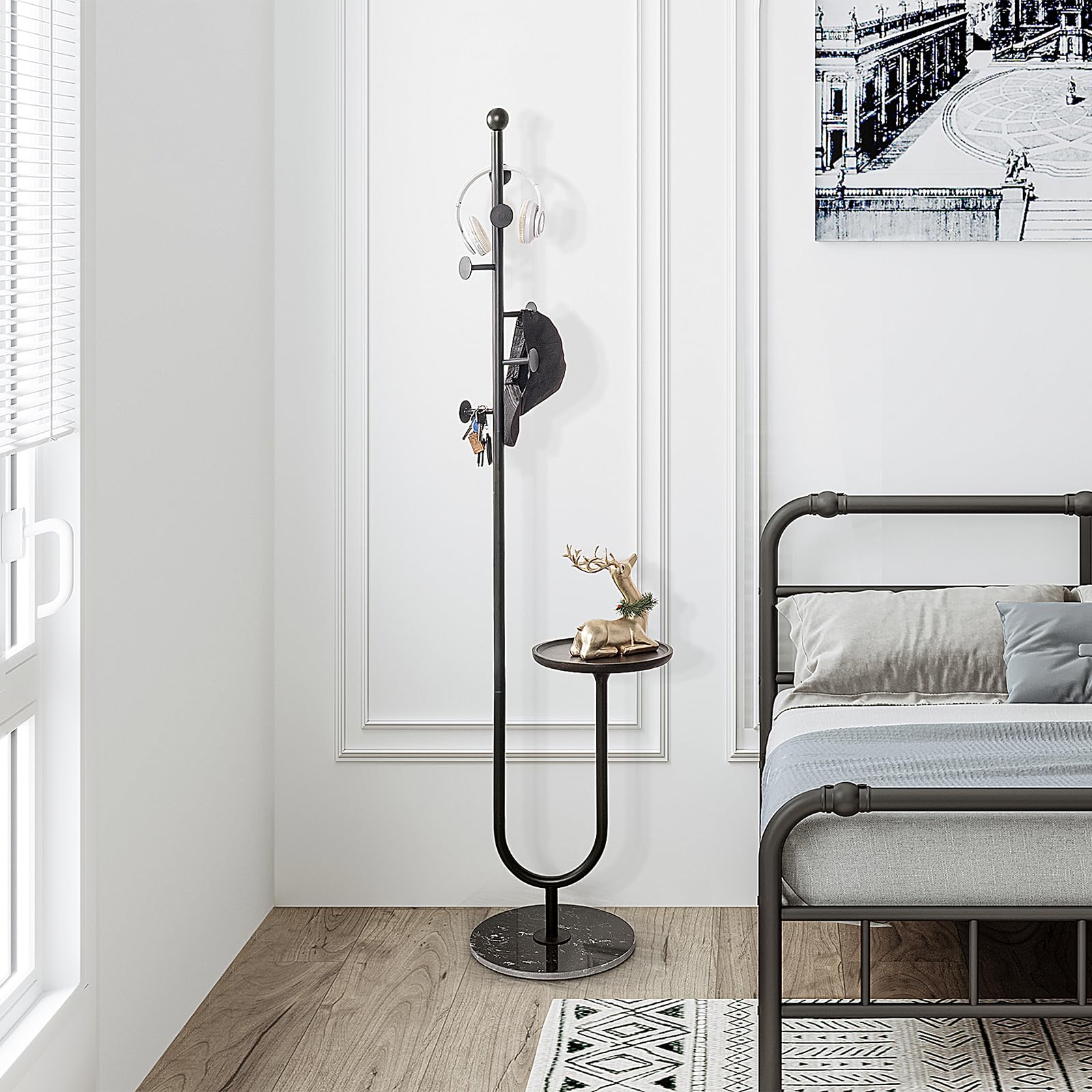 Freestanding Coat Rack with Table and 6 Hooks