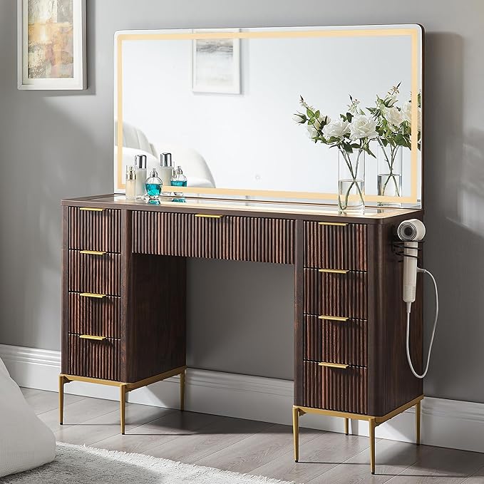 48" Fluted Makeup Vanity Desk with LED Mirror and Charging Station