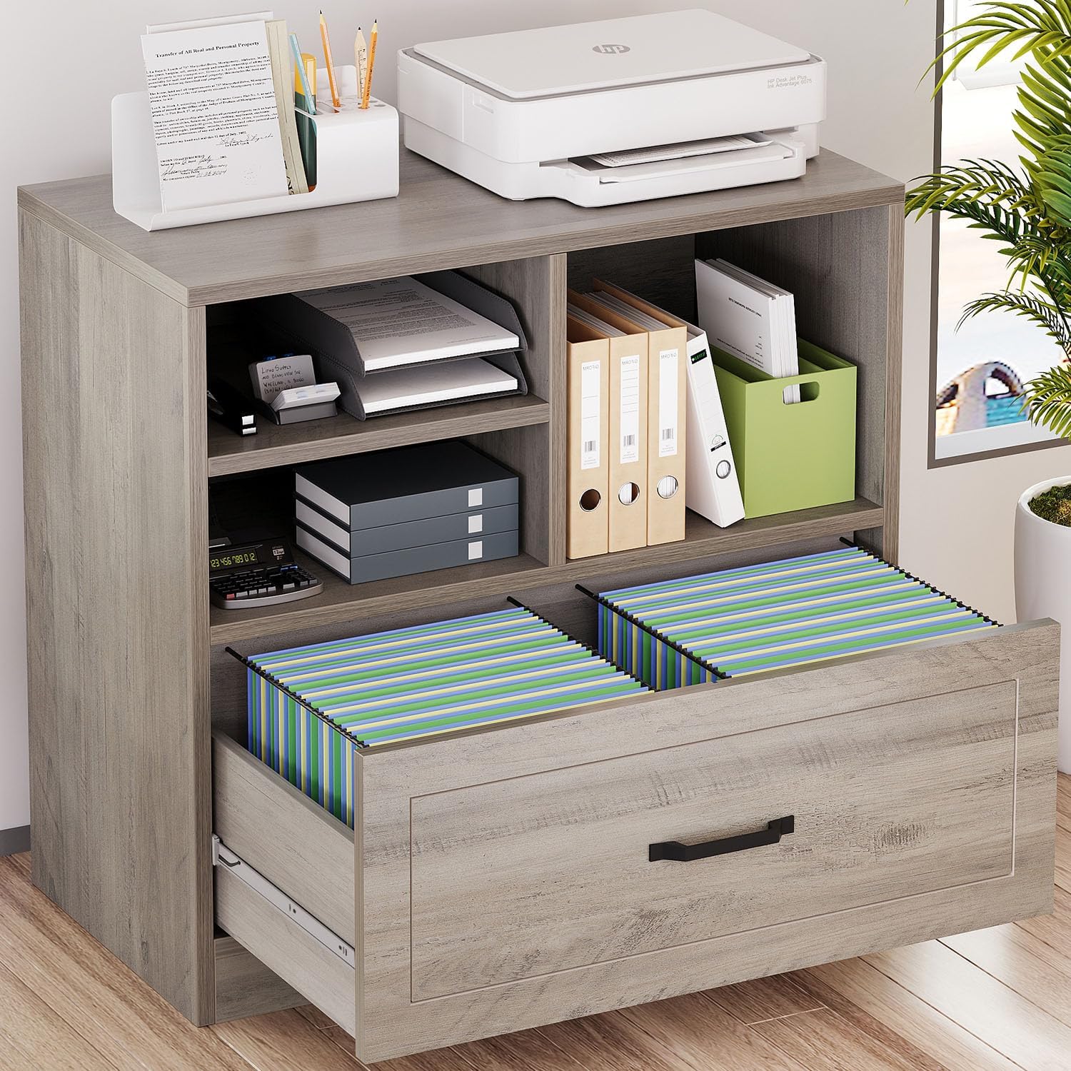 Lateral Filing Cabinet with Drawer and Storage Shelves